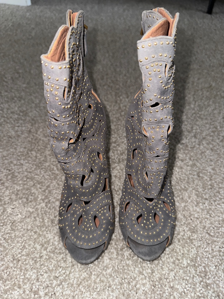 Alaia Gray Suede Studded Cutout Peep-Toe Heeled Boots
